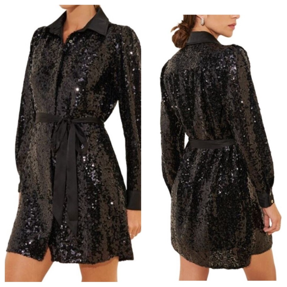 Hutch Black Sequin Satin Collar Tie Waist Mini Shirt Dress Size Small NWT